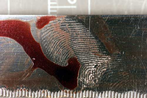 Fingermark recovered on a washed Knife using the RECOVER forensic fingermark recovery system by Foster+Freeman